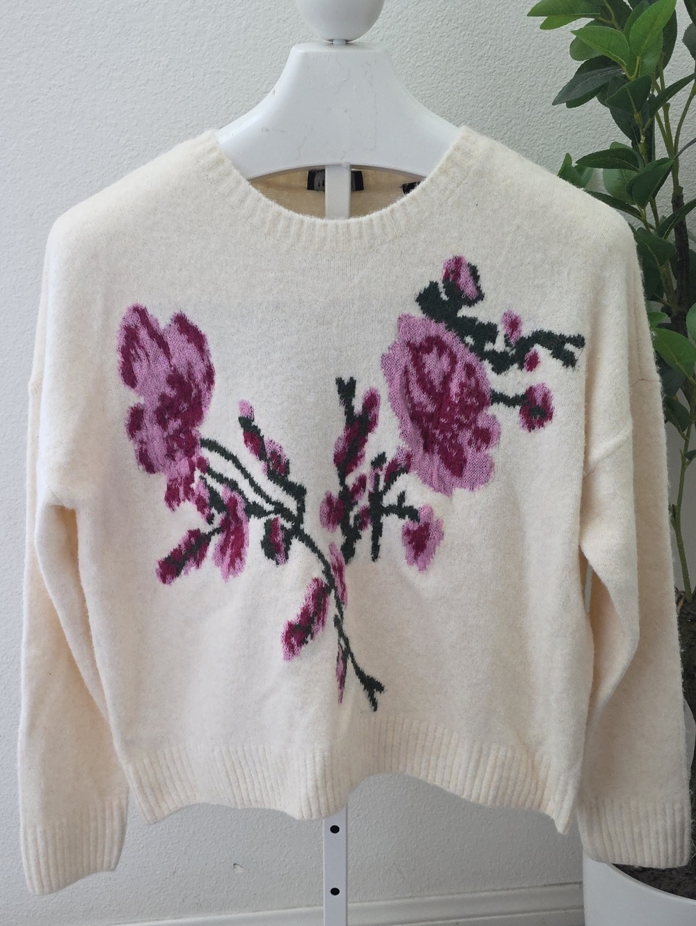Ted Baker London Cream Crewneck Sweater with Pink Floral Motif
